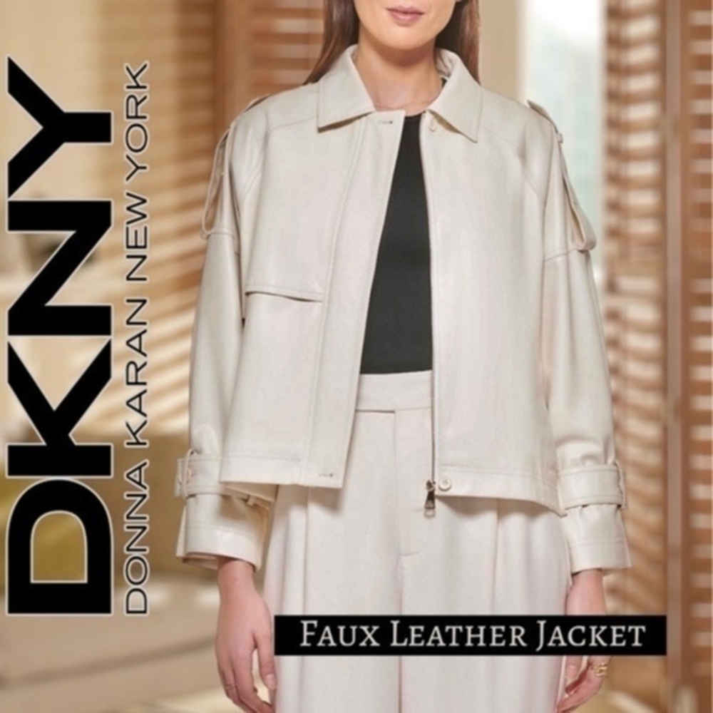 DKNY NWT Relaxed Boxy Fit Long Sleeve Short Trench-Style Vegan Leather Jacket/LG
